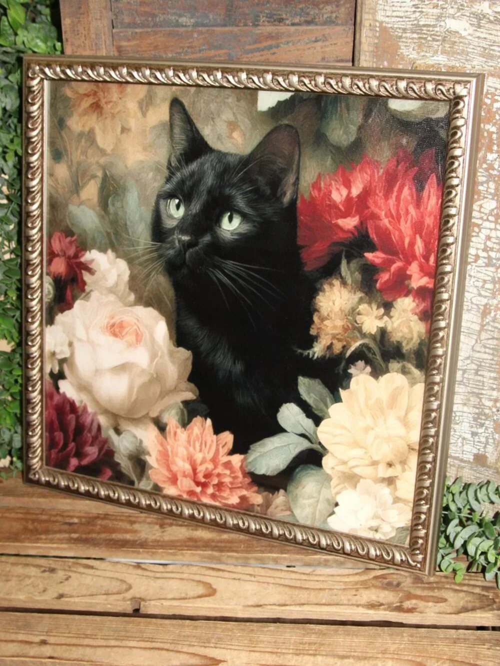 Gorgeous Moody Black Cat with French Floral Wall Decor Picture in Vintage Frame